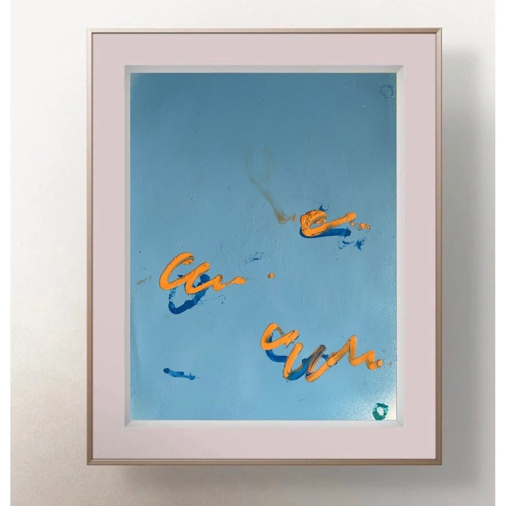 OMAN Original Abstract Painting 9x12 Baby Blue Orange Mixed Media Modern Art Sky